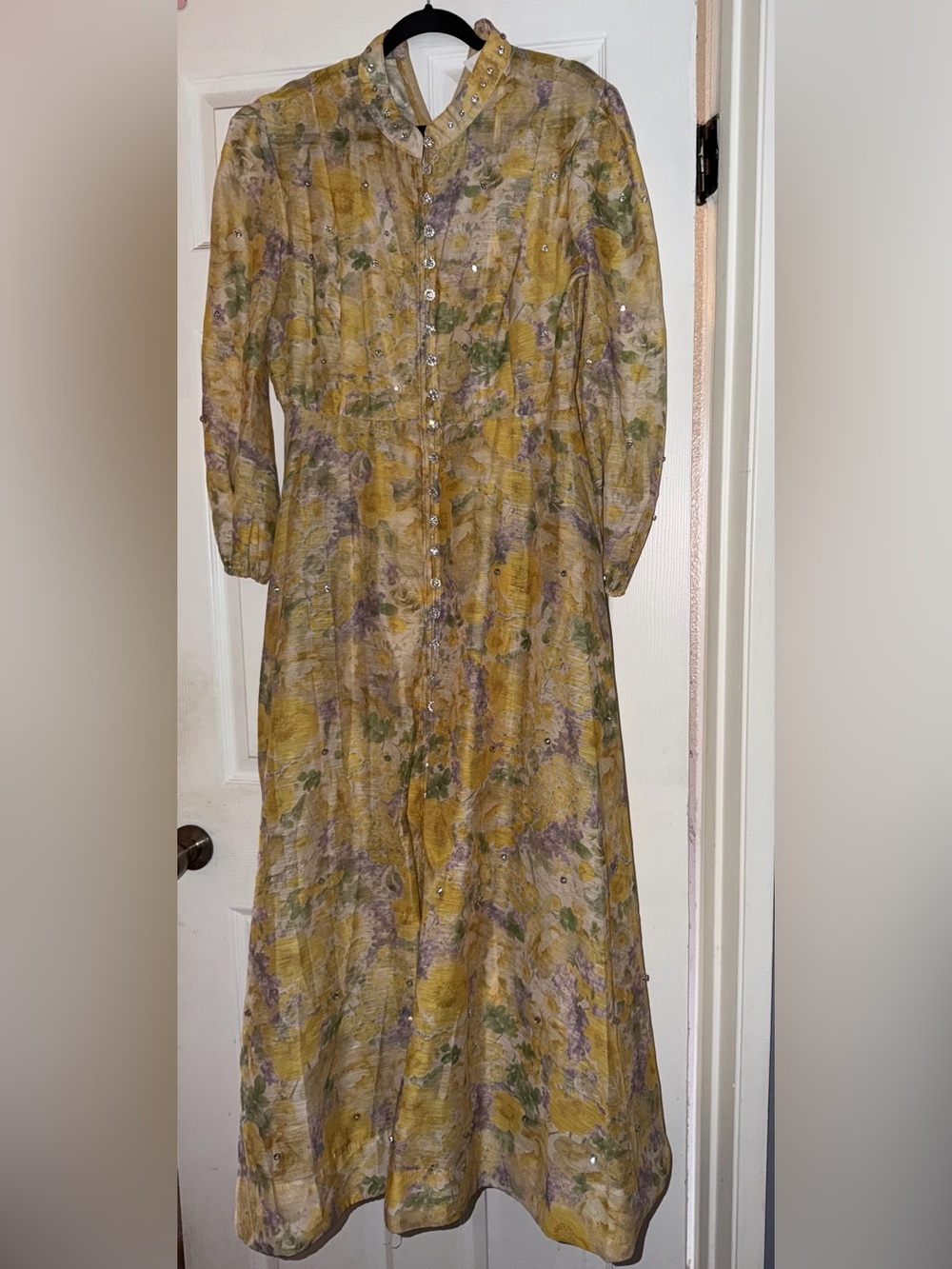 Rhinestone Yellow Floral Long Sleeve Midi Dress